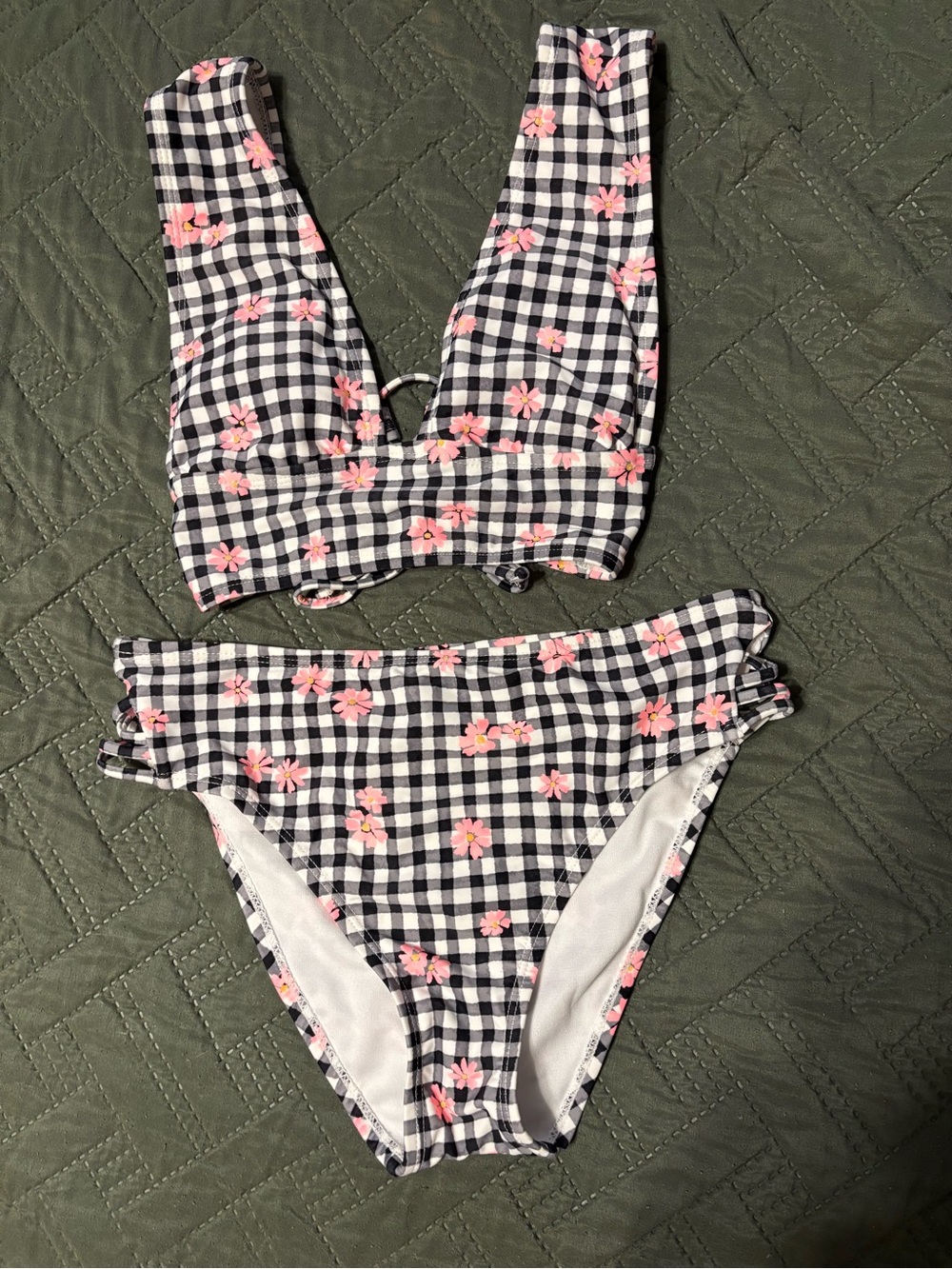 Black & White Gingham Bikini with Pink Floral Print